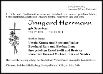 Traueranzeige von Irmgard Herrmann von Südthüringer Presse