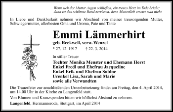 Traueranzeige von Emmi Lämmerhirt von Südthüringer Presse