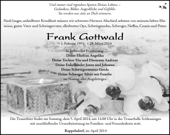 Traueranzeige von Frank Gottwald von Südthüringer Presse
