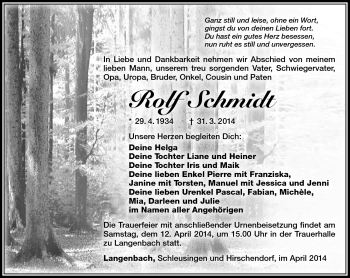 Traueranzeige von Rolf Schmidt von Südthüringer Presse