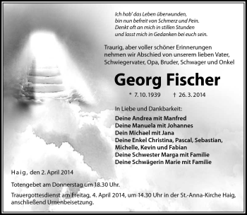 Traueranzeige von Georg Fischer von Neue Presse Coburg