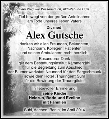 Traueranzeige von Alex Gutsche von Südthüringer Presse
