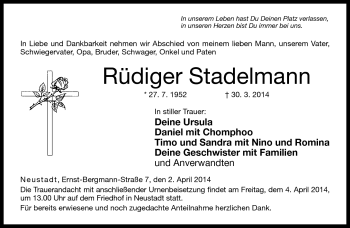 Traueranzeige von Rüdiger Stadelmann von Neue Presse Coburg