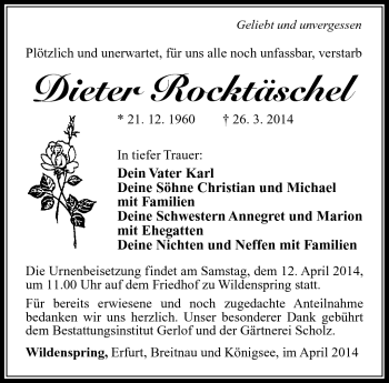 Traueranzeige von Dieter Rocktäschel von Südthüringer Presse