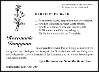 Traueranzeige von Rosemarie Davignon von Südthüringer Presse