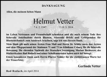 Traueranzeige von Helmut Vetter von Neue Presse Coburg