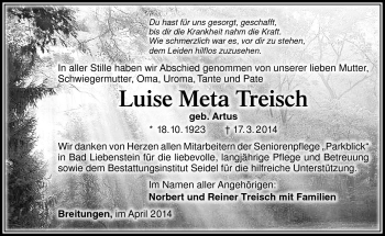 Traueranzeige von Meta Treisch von Südthüringer Presse