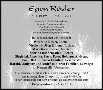 Traueranzeige von Egon Rösler von Südthüringer Presse