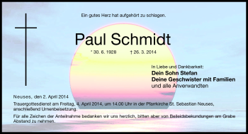Traueranzeige von Schmidt Paul von Neue Presse Coburg