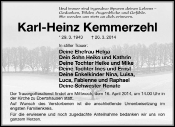 Traueranzeige von Karl-Heinz Kemmerzehl von Südthüringer Presse