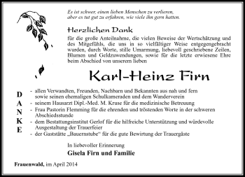Traueranzeige von Karl-Heinz Firn von Südthüringer Presse