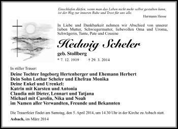 Traueranzeige von Hedwig Scheler von Südthüringer Presse