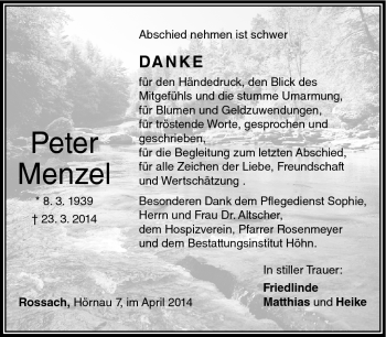 Traueranzeige von Peter Menzel von Neue Presse Coburg