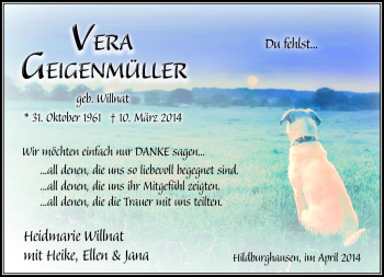 Traueranzeige von Vera Geigenmüller von Südthüringer Presse
