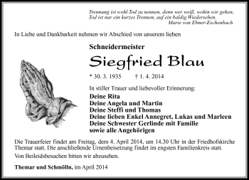 Traueranzeige von Siegfried Blau von Südthüringer Presse