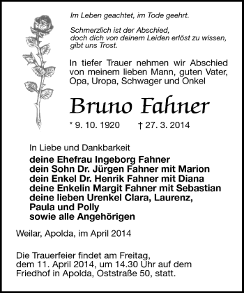 Traueranzeige von Bruna Fahner von Südthüringer Presse