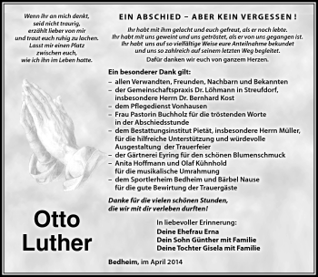 Traueranzeige von Otto Luther von Südthüringer Presse