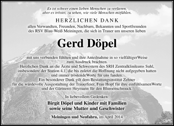 Traueranzeige von Gerd Döpel von Südthüringer Presse