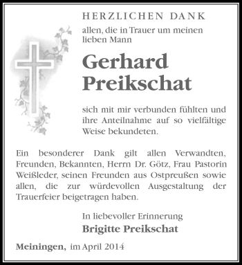Traueranzeige von Gerhard Preikschat von Südthüringer Presse
