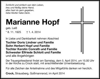 Traueranzeige von Marianne Hopf von Südthüringer Presse