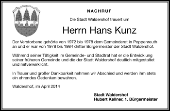 Traueranzeige von Hans Kunz von Frankenpost