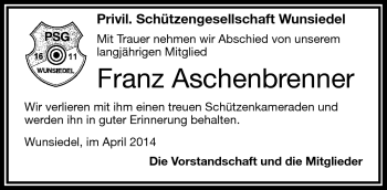 Traueranzeige von Franz Aschenbrenner von Frankenpost