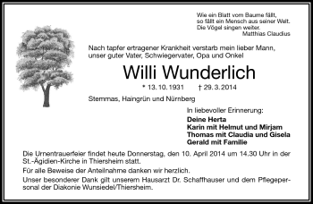 Traueranzeige von Willi Wunderlich von Frankenpost