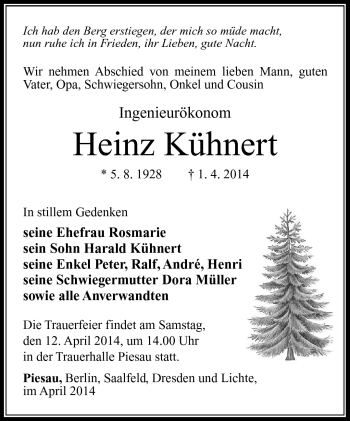 Traueranzeige von Heinz Kühnert von Südthüringer Presse