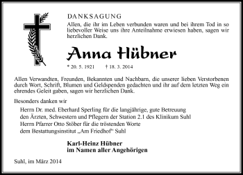 Traueranzeige von Anna Hübner von Südthüringer Presse