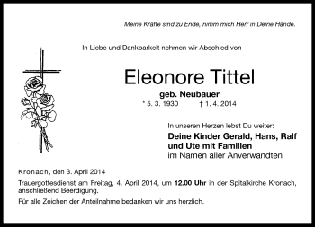 Traueranzeige von Eleonore Tittel von Neue Presse Coburg