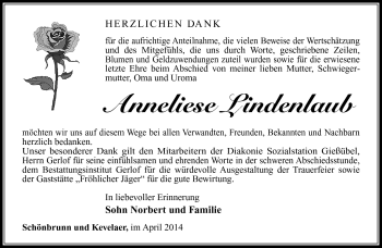Traueranzeige von Anneliese Lindenlaub von Südthüringer Presse