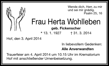 Traueranzeige von Herta Wohlleben von Frankenpost