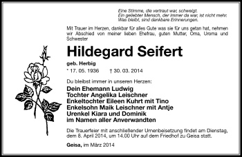 Traueranzeige von Hildegard Seifert von Südthüringer Presse
