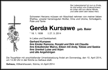 Traueranzeige von Gerda Kursawe von Südthüringer Presse