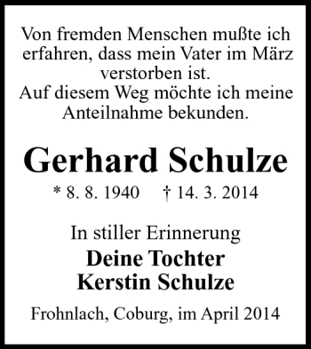 Traueranzeige von Gerhard Schulze von Neue Presse Coburg