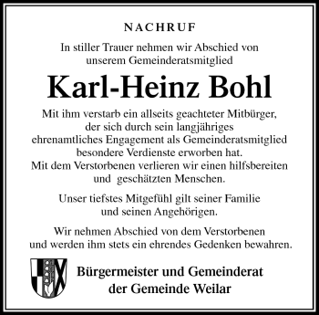Traueranzeige von Karl-Heinz Bohl von Südthüringer Presse