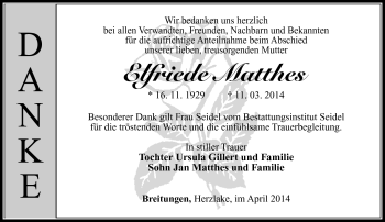 Traueranzeige von Elfriede Matthes von Südthüringer Presse