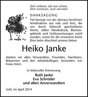 Traueranzeige von Heiko Janke von Südthüringer Presse