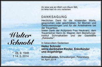 Traueranzeige von Walter Schnobl von Südthüringer Presse