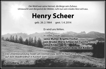 Traueranzeige von Henry Scheer von Südthüringer Presse