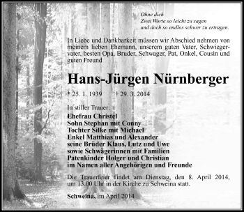 Traueranzeige von Hans-Jürgen Nürnberger von Südthüringer Presse