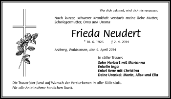 Traueranzeige von Frieda Neudert von Frankenpost