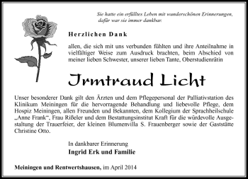 Traueranzeige von Irmgard Licht von Südthüringer Presse