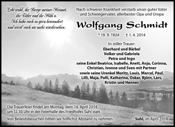 Traueranzeige von Wolfgang Schmidt von Südthüringer Presse