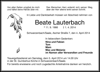 Traueranzeige von Beate Lauterbach von Frankenpost
