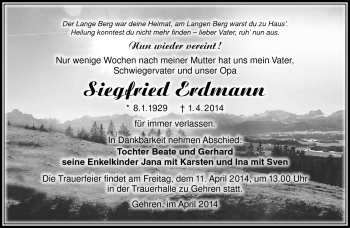 Traueranzeige von Siegfried Erdmann von Südthüringer Presse