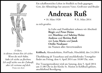 Traueranzeige von Andreas Ruß von Neue Presse Coburg