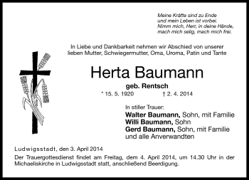 Traueranzeige von Herta Baumann von Neue Presse Coburg