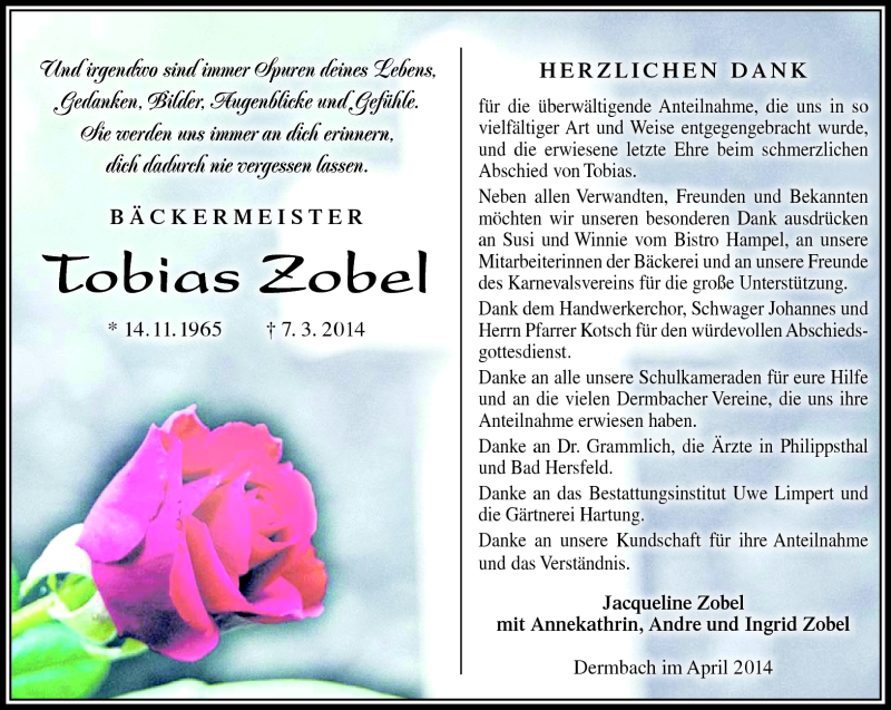  Traueranzeige für Tobias Zobel vom 05.04.2014 aus Südthüringer Presse