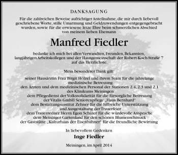 Traueranzeige von Manfred Fiedler von Südthüringer Presse